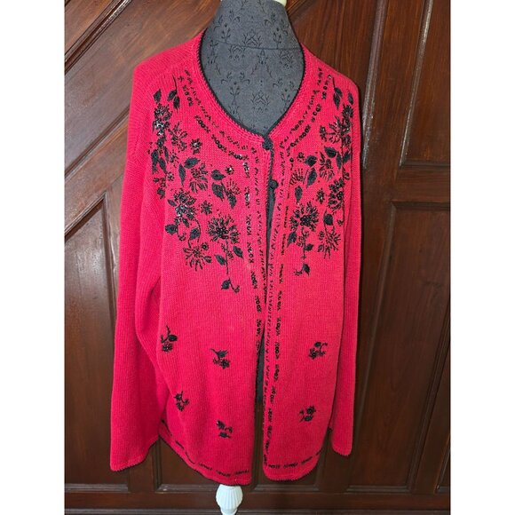 Carly St. Claire Womens Red Cardigan Sweater 1X With Black Floral Beaded Embroid - Picture 1 of 7
